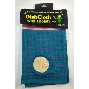 Kitchen Dishcloth Blue 100% Natural Cotton With Built In Loofah Scrubber